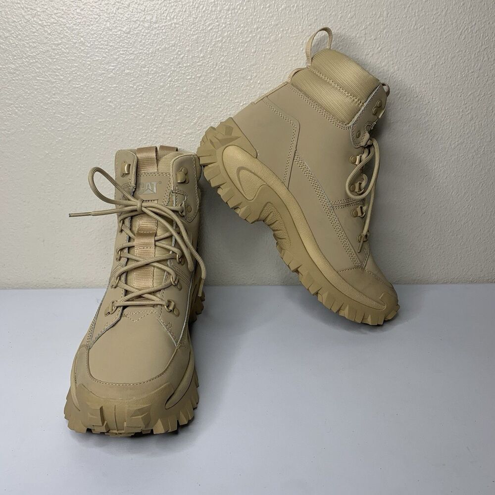 CAT Caterpillar Trespass Tread Boots Sz 11 Khaki Tan Lace Up Street Shield